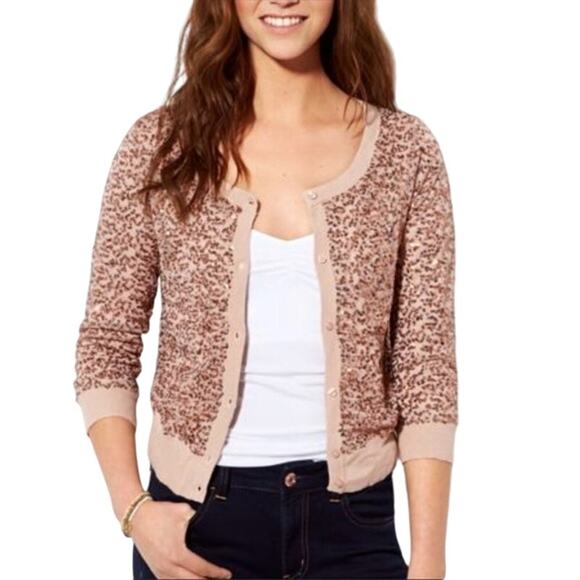 American Eagle Womens Rose Gold Sequin Cardigan Sweater Button Front Size Medium - Picture 1 of 16
